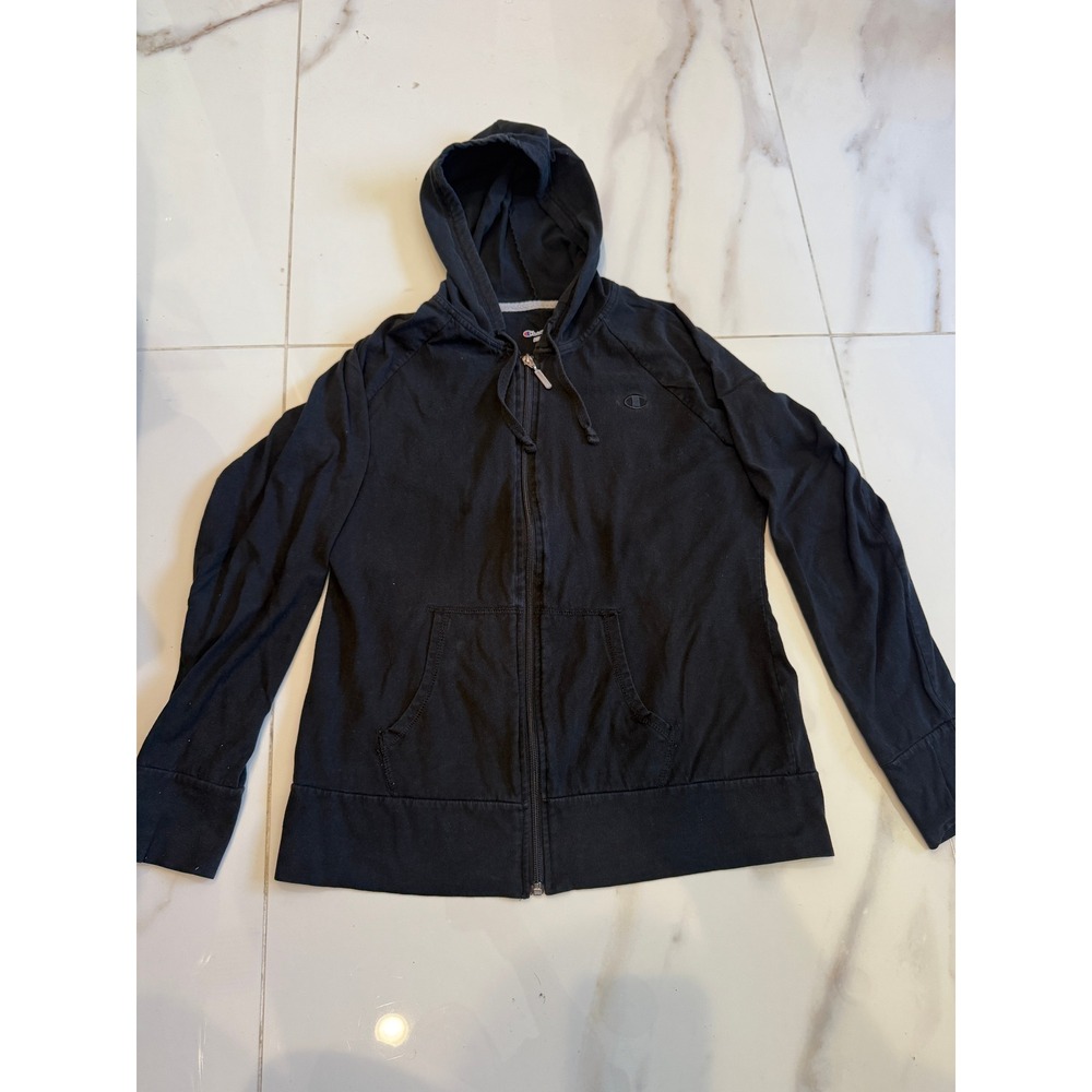 Champion Womens Full Zip Hoodie Black Lightweight Sweatshirt Size Large